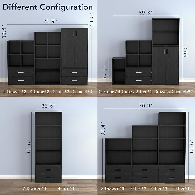 Homes: Inside + Out Apexa 2-Tier Cube Storage Organizer Shelves, Stackable Wood Bookcase Fits Cubby Bins for Organization, Dorm Teen Room Decor & Home Office, Black
