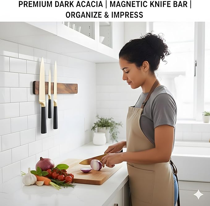 4 YORVOY Magnetic Knife Holder for Wall-16 inches long Kitchen Organizer- No Drilling Knife Magnetic Strip- Compact Utensil Holder- Acacia Wood Knife Rack- Strong Knife Magnet- Easy Installation