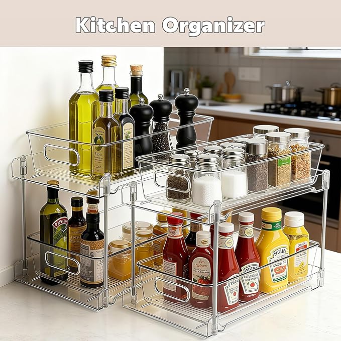 Under Sink Organizer 2-Tier Under Cabinet Organizer, Clear Under Sink and Pull-Out Cabinet Organizer for Kitchen and Pantry Storage