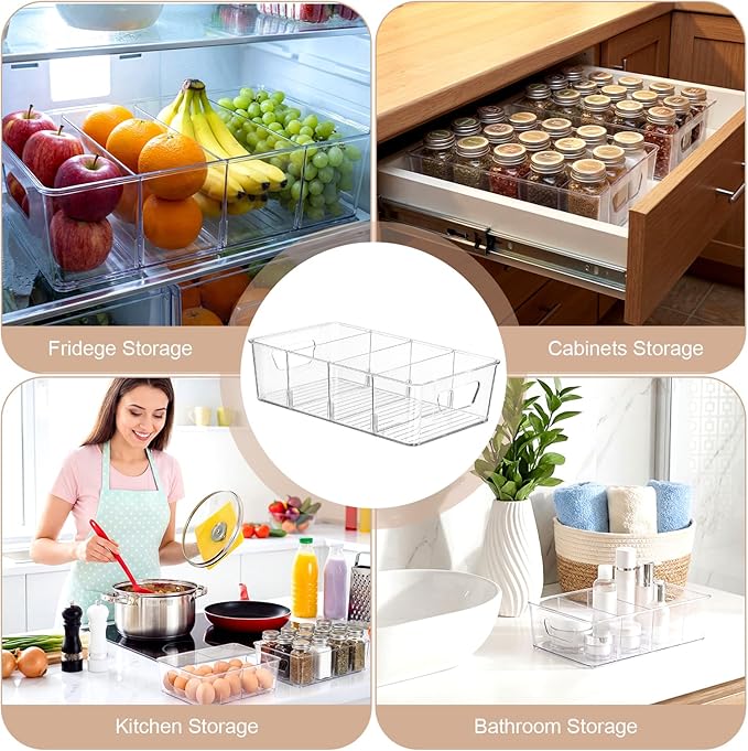 4 Pcs Pantry Organizers Bins, Clear Plastic Stackable Snack Storage Containers with 3 Dividers for Kitchen Cabinet Fridge Shelf Organization, 4 Compartment Holder