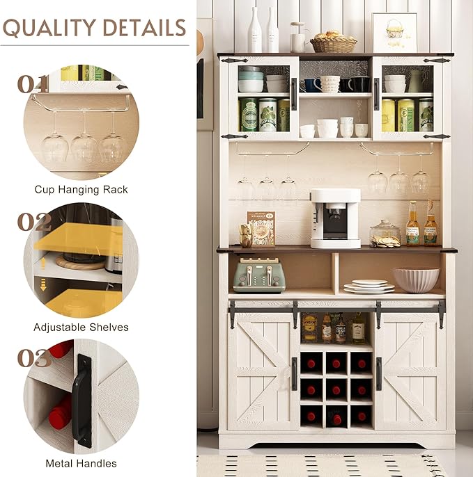 Farmhouse Coffee Bar Cabinet with Sliding Barn Door, 70" Tall Kitchen Hutch China Cabinet w/Wine Rack, Power Outlet & Lighting, Liquor bar Station Food Pantry Storage Cabinet for Home, White