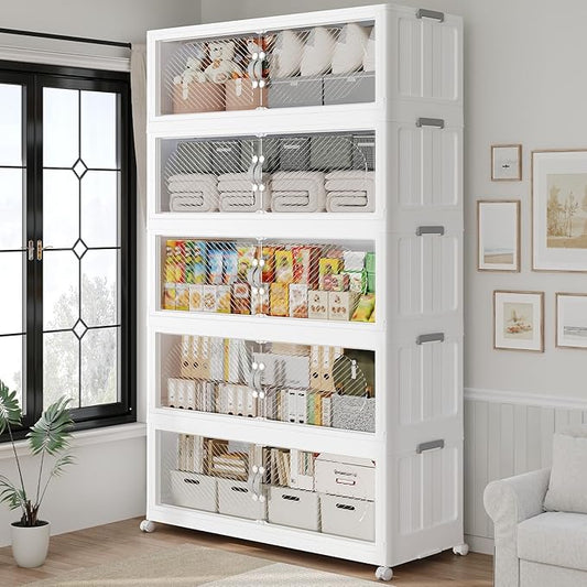 300QT Extra Large Stackable Storage Bins with Lid, 75Gal Plastic Closet Organizers and Storage Drawer, Collapsible Cabinet Box with Wheels Clear Doors for Home Kitchen Office, 5Pack White