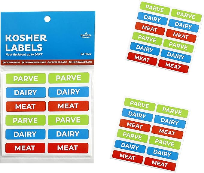 Assorted Kosher Labels, Blue Dairy, Red Meat, Green Parve Rectangle Design Stickers, Oven Proof up to 500°, Microwavable, Dishwasher Safe, English, Color Coded Kosher Kitchen Tools (96-Pack)