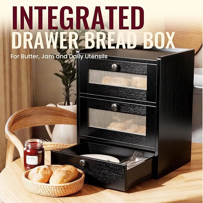 Bread Box for Kitchen Countertop, 3 Layer Farmhouse Countertop Bread Storage with Magnetic Closure Window Bread Storage Container Bin for Kitchen, Pantry (Black)