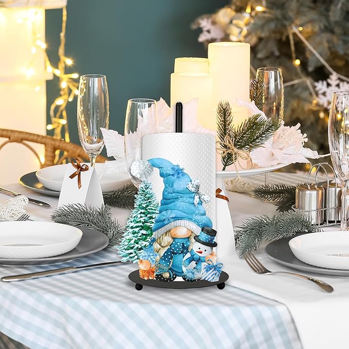 JarThenaAMCS Christmas Tree Paper Towel Holder Winter Gnome Snowman Kitchen Decor Blue Accessories Large Metal Towel Holder Stand for Xmas Home Bathroom Countertop