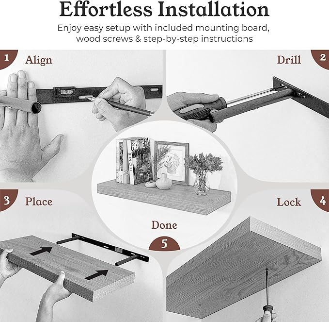 Floating Shelves for Wall, 7.9" Deep Wall Mounted Wood Shelves for Bathroom, Bedroom, Living Room, Kitchen, Hanging Shelf for Books/Storage/Room Decor (Black, 16")