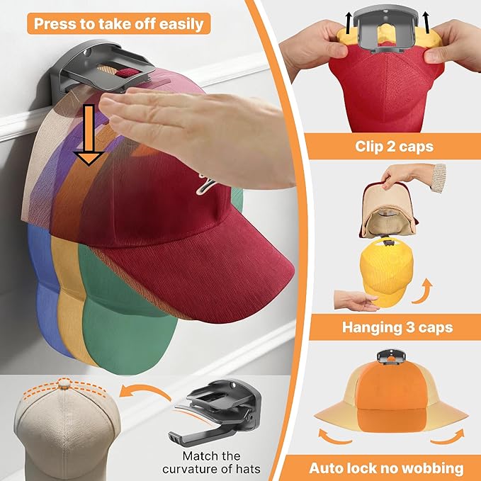 8 Packs Hat Organizer ，Holds 40 Hats with Built-in Spring Clips & Hook for Baseball Caps - Wall Mount Closet Hat Rack Holder, Storage for Door/Closet Hat Hanger (Strong Adhesive & Screws)