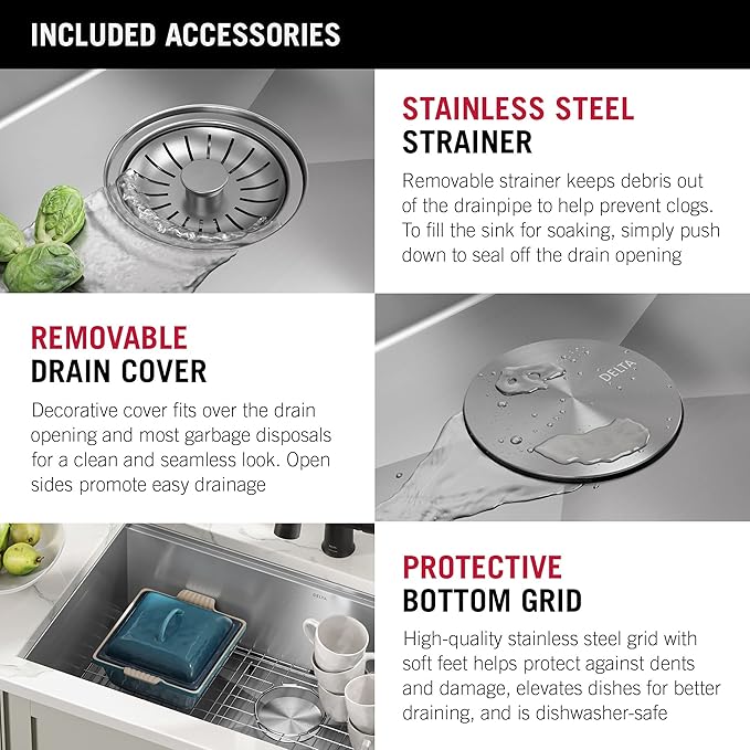 DELTA FAUCET Rivet 27-Inch Workstation Kitchen Sink Undermount 16 Gauge Stainless Steel Single Bowl with WorkFlow Ledge and Chef’s Kit of 6 Accessories, 95B931-27S-SS
