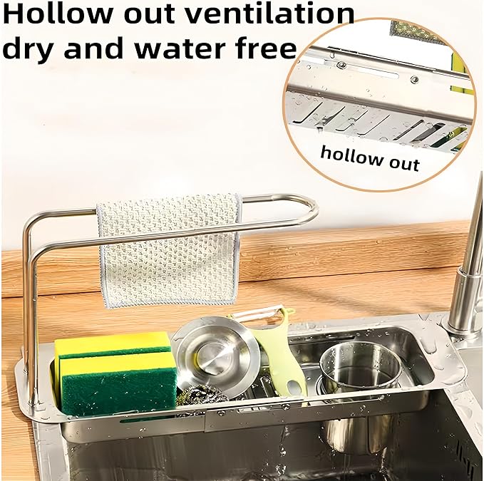 Stainless Steel Telescopic Over Sink Organizer Rack for Kitchen-Expandable Over The Sink Shelf, Adjustable Sponge Holder Organizer, Kitchen Sink Organizers Inside Sink for Sponge Rack