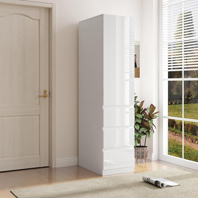 Tall Narrow Kitchen Pantry Cabinet with Drawers and Door Racks, 23.6 Inch Deep White Food Storage Cupboard for Kitchen, Deep Narrow Pantry Cabinet for Small Spaces
