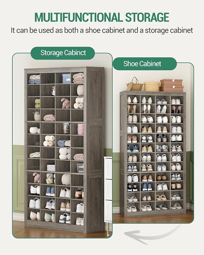 Shoe Storage Cabinet, 48 Pairs Free Standing Closet Organizer, 9 inch Widened Cell Wood Shoe Organizer, 12 Tiers Vertical Space Saving Shoe Rack for Entryway, Cloakroom, Greige SR39605X