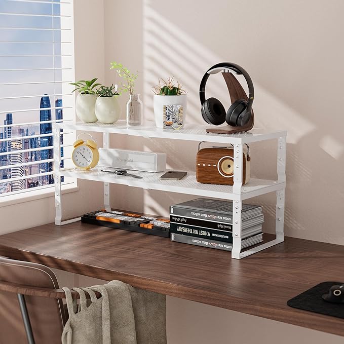 Flat Top Storage Rack - Expandable 16.5"~27" W Countertop Space Saver, Heavy-Duty Steel Construction, Powder Coated Finish for Kitchens, Bathrooms, Workshops or Offices