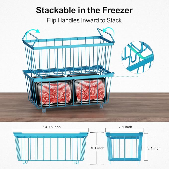 iSPECLE Deep Freezer Organizer Bins, 6 Pack Stackable Wire Baskets for 7 Cu.Ft Chest Freezers, Metal Food Storage Handles for Meat and Vegetables, Metal Handles for Sorting Frozen Food, Blue