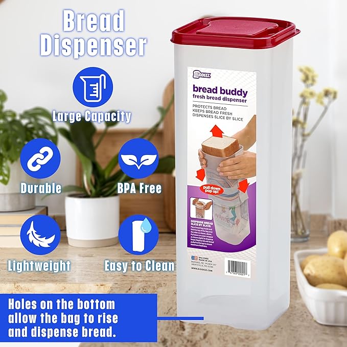 Buddeez Bread Buddy Bread Box – Keeps Bread Loaves Fresh - Red Lid, Pack of 1