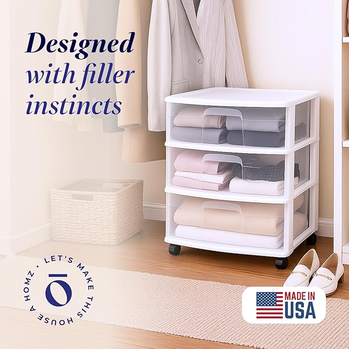 HOMZ Drawer Tower, 3-Tier Wide Rolling Storage Cart with Removable Wheels, White Frame – Plastic Organizer with Clear Bin Drawers for Bedroom, Bathroom, Home Office, and Dorm Room