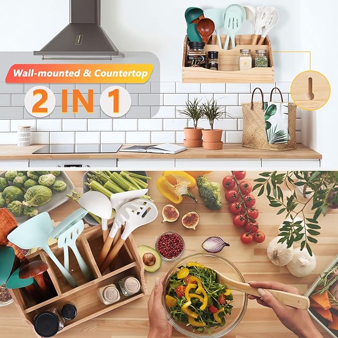 Innovation Utensil Holder Kitchen Utensil Organizer with Handle, Natural Color