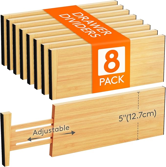 Lifewit 8 Pack 5" Deep Bamboo Drawer Dividers, 13-16.5" Expandable Drawer Organizers for Clothes, Adjustable Dresser Drawer Divider, Clothing Drawer Separators for Dresser, Bedroom, Bathroom, Kitchen