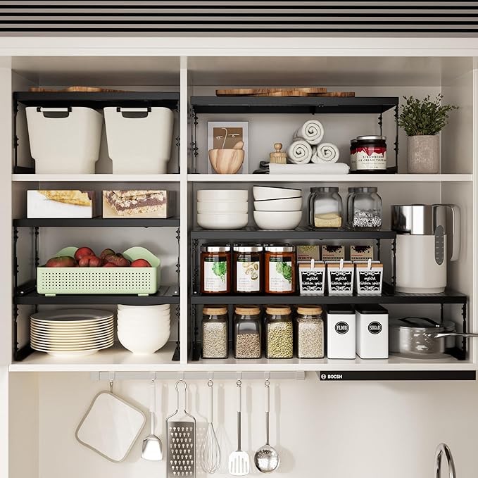 Adjustable Stackable Metal Storage Shelf Organizer - Expandable Wire Rack with Perforations for Kitchen, Pantry, Bathroom, Cabinet & Office-Compact, Durable & Sturdy (2PACKS/Medium/Black)
