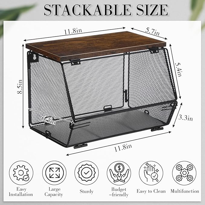 2 Pcs Stackable Mesh Fruit Basket with Lid Wall Produce Vegetable Storage Basket Onion Potato Snack Hanging Metal Wire Container for Kitchen Counter Pantry(Non-removable,Black,7.1"w & 11.8"l)