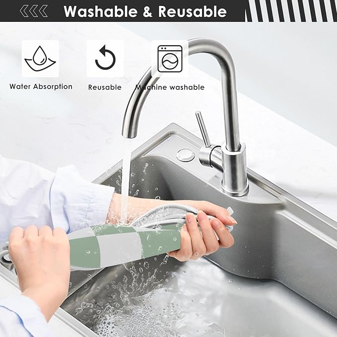 2 PCS Kitchen Sink Splash Guard 23.6 Inch Faucet Mat for Kitchen Sink Bathroom Sink Faucet Absorbing Drip Drain Mat Pad Microfiber Soft Washable Checkered Green and White