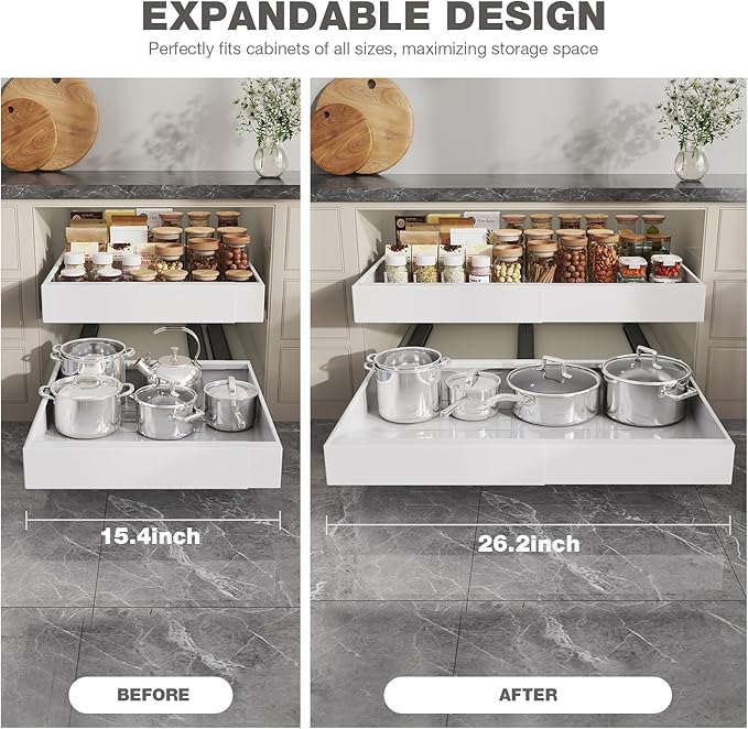 2 Pack Pull Out Cabinet Organizer 18" Deep,Full Extension 3 Slide Rails Slide Out Drawers With Raising Pad for Framed Cabinets,Expandable Width (15.4"-26.2"),No Drill Roll Out shelf,White
