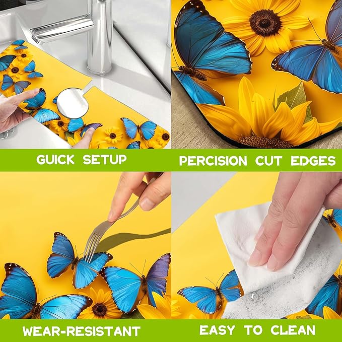 Kitchen Sink Splash Sunflowers and Blue Butterflies Guard Faucet Mat Super Absorbent Fast Drying Mat Guard Behind Faucet Drip Catcher for Kitchen Bathroom, 15.5"X5.5"