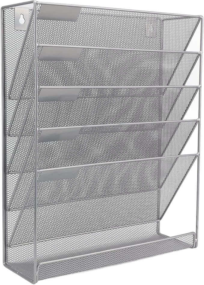 5 Tier Wall File Organizer with Hooks, Wall Mounted File Holder, Vertical Placement Iron Mesh Storage Rack with Label Panels, Easy Installation for Office Home Silver