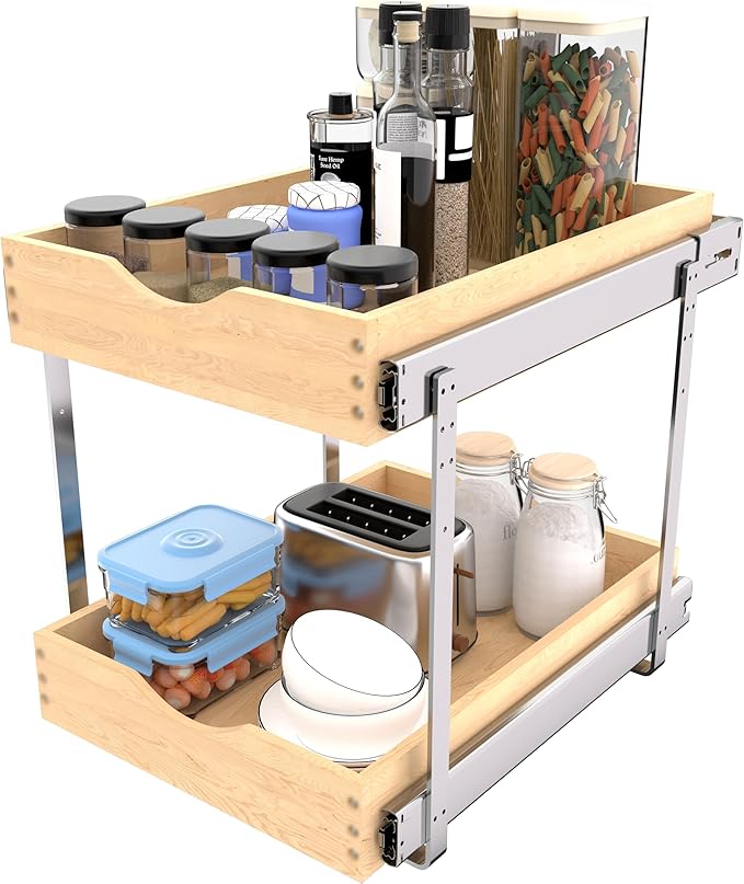 2-Tier Wood Cabinet Pull Out Shelves (14" W x 22" D), Wooden Slide Out Drawers for Kitchen Cabinets, Heavy-Duty Roll Out Pantry Organizer