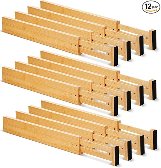 Sawysine 12 Pcs Bamboo Drawer Dividers Adjustable Drawer Organizers Spring Separators Organization Expandable Organizers for Kitchen Bedroom Bathroom Dresser Office (Natural Color,17 x 2.4 Inches)