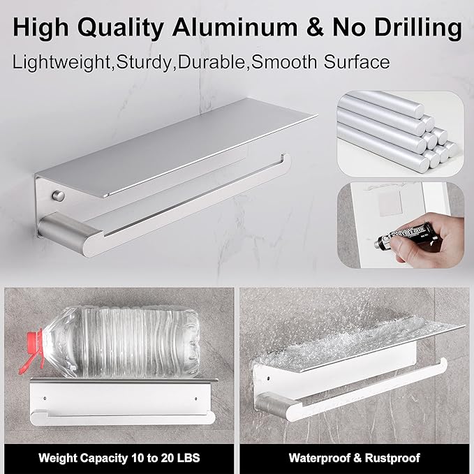 Paper Towel Holder with Shelf for Kitchen, Paper Towel Holder Wall Mount for Bathroom, Self-Adhesive Anti-Rust Aluminum, No Drill or Wall-Mounted with Screws (Dull Polished Silver)