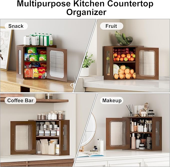 TQVAI Bread Box for Kitchen Countertop Large Corner Bread Loaf Storage Container Double Layer Wooden Bread Boxes Bin Farmhouse Pantry Shelf with Acrylic Window, Retro Brown
