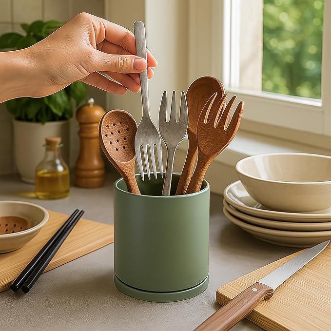 D'vine Dev 360° Rotating Utensil Holder – 5" Kitchen Utensil Crock for Countertop, Modern Cooking Tool Organizer for Kitchen Storage & Décor, Set of 2, Olive, 72-Y-C-1