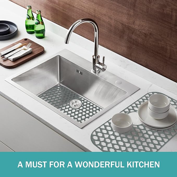 SAMSIER Sink Protectors for Bottom of Kitchen Sink 13x11 &16x12 &19x14 &21x16 &22x13 &24x13 &28x14 &30x16, Large Farmhouse Silicone Mats Grid (26”x14”, Rear Drain)