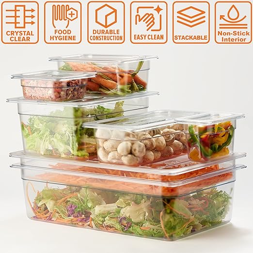CURTA 6 Pack NSF Food Pans, Full Size 6 Inch Deep, Commercial Polycarbonate Plastic Clear Freezer-Safe