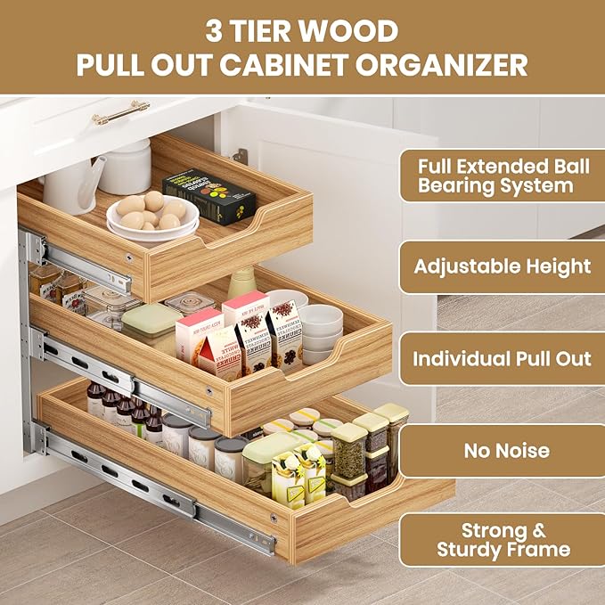 ROOMTEC 3 Tier Pull Out Cabinet Organizer, Heavy-Duty Pull Out Drawer, Slide Out Wood Shelf for Cabinets, Base Cabinet Organization for Pantry, Bathroom (12½"Wx21 D)