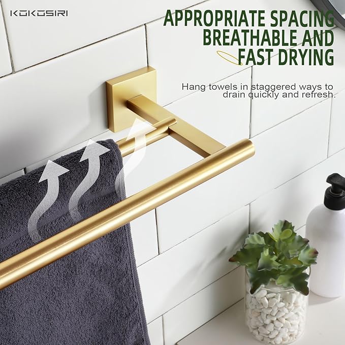 KOKOSIRI Bathroom Towel Bar 36'' Towel Holder with Two Rails Wall Mount Towel Shelves 36 Inch Brushed Gold Stainless Steel B5005BG-L36
