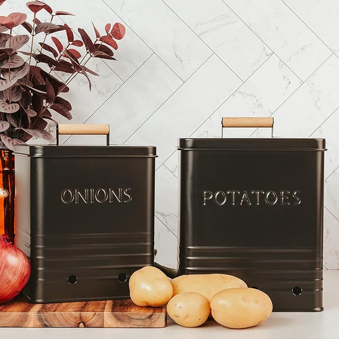 Beautiful Potato and Onion Storage Container Set - Perfectly Sized Spacious Canisters For Your Kitchen Counter Or Pantry - Quality Food Safe Metal Bins Keep Your Produce/Vegetables Fresh Longer