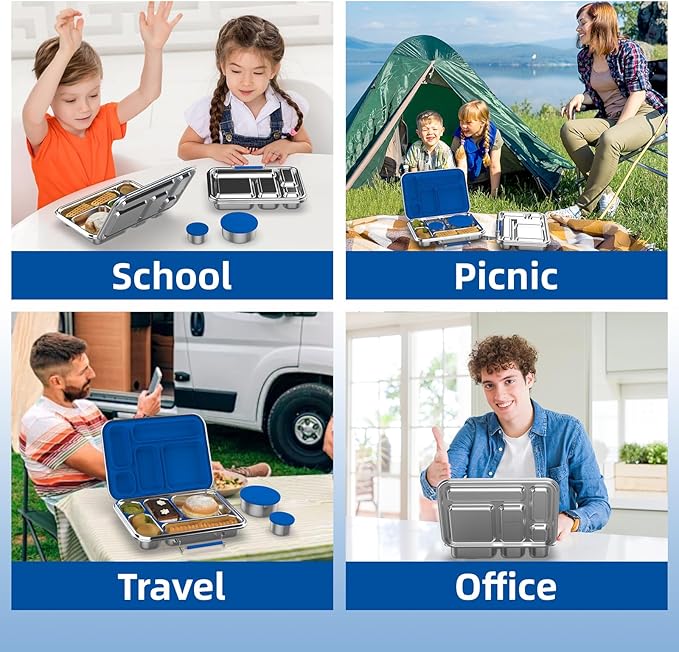 Stainless Steel Bento Box for Adults, 5-Compartments Leak-Resistant Stainless Steel Lunch Container with 2 Container, Dishwasher-Safe,Design for Office Picnics and Travel,BPA-Free Blue