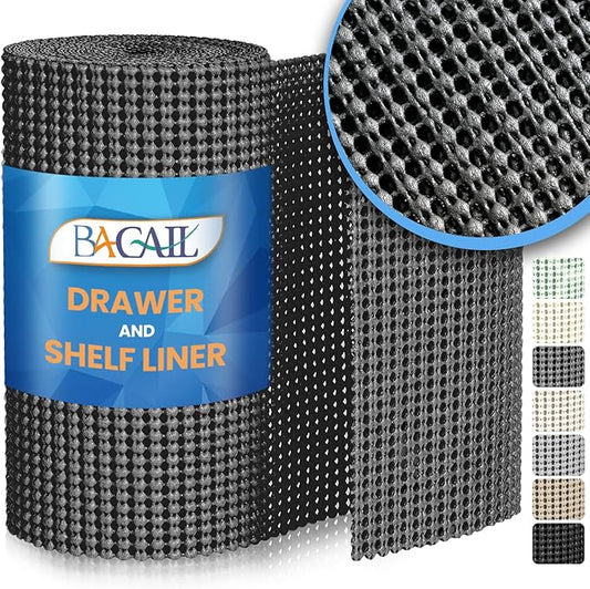 BAGAIL Drawer and Shelf Liner, 12 in X 10 Ft Non-Adhesive Shelf Liners for Kitchen Cabinets, Thick Strong Grip Liners for Desk, Shelves, Bathroom Drawers, Cabinet Protection - Charcoal