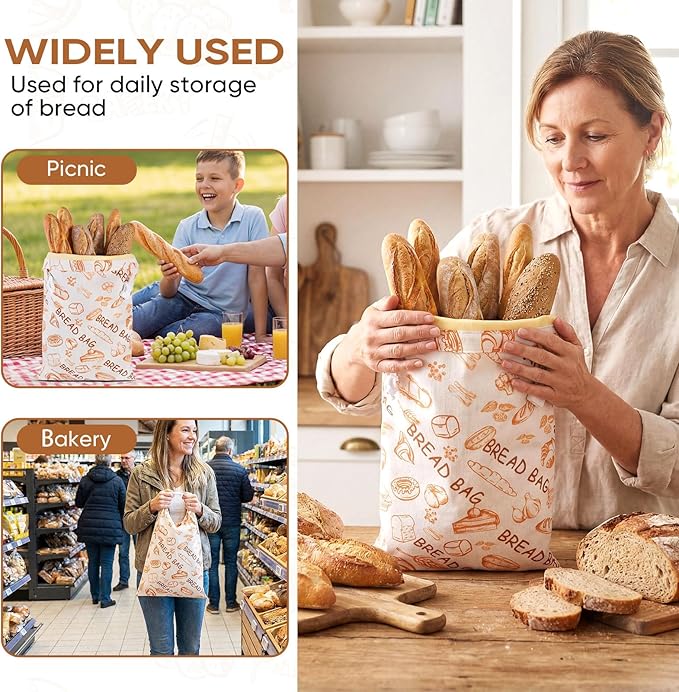 2Pack Reusable Bread Bags for Homemade Bread Organic Beeswax Cotton Bag -Fresh KeepingSourdough Storage Bag Thicker Organic Beeswax 17x12in Food Storage with Snap Closure（Yellow Pattern）