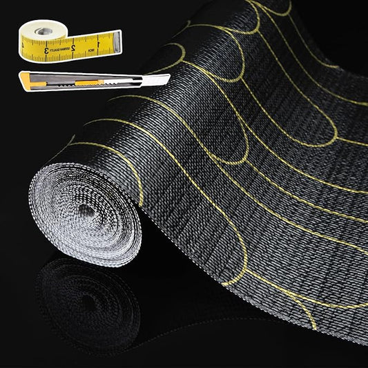 Shelf Liners for Kitchen Cabinets Drawer Liner 12in x 20FT Non Adhesive Black Gold Line Thickened Refrigerator Shelf Liner Paper Strong Easy to Clean for Tool Box with Knife and Tape Measure