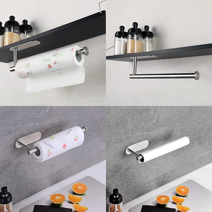 Paper Towel Holder with 2 Hooks-Under Cabinet Paper Towel Holder for Kitchen, Self-Adhesive or Screws, Space Saving Wall Mounted Kitchen Roll Holder, Bathroom, Stainless Steel Brushed Nickel