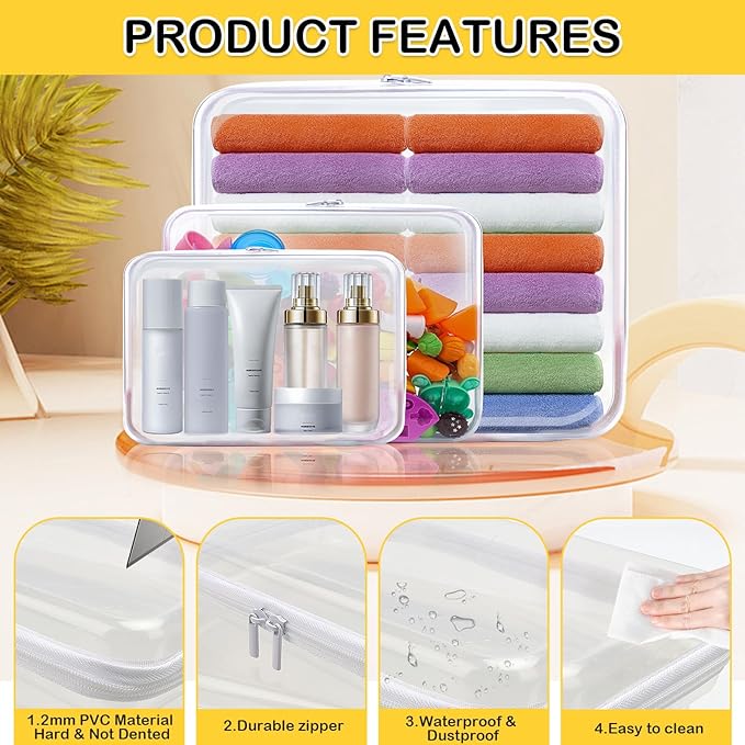 AOBOPLE Clear Hard Shell Zipper Case,3PCS M+L+XL(13.78"x11.8"+9.8"x7.87"+8.66"x6.1") Large Toy Storage Bags,Plastic Transparent Hard Zipper Case Travel Waterproof Organizer Bags for Puzzles,Cosmetics