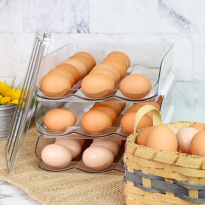 Creekview Home Emporium Egg Container for Refrigerator - Clear Stackable 3 Tier Plastic Egg Holder Drawer - 4 Dozen Capacity Farm Eggs Organization Storage Trays for Fridge or Kitchen Counter