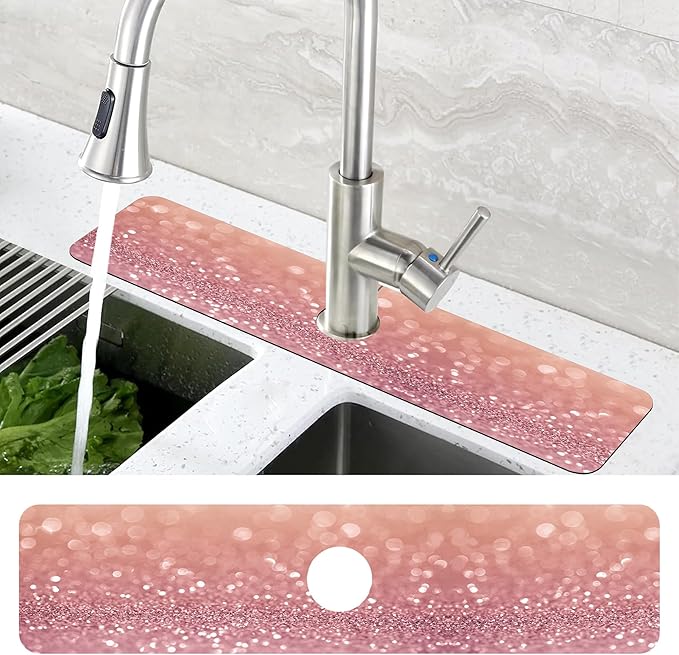Abstract Pink Glitter Diamond Sink Faucet Absorbing Mat Sink Splash Guard Faucet Mat Draining Mat Fast Drying Sink Protectors for Kitchen and Bathroom 5.5"×24"