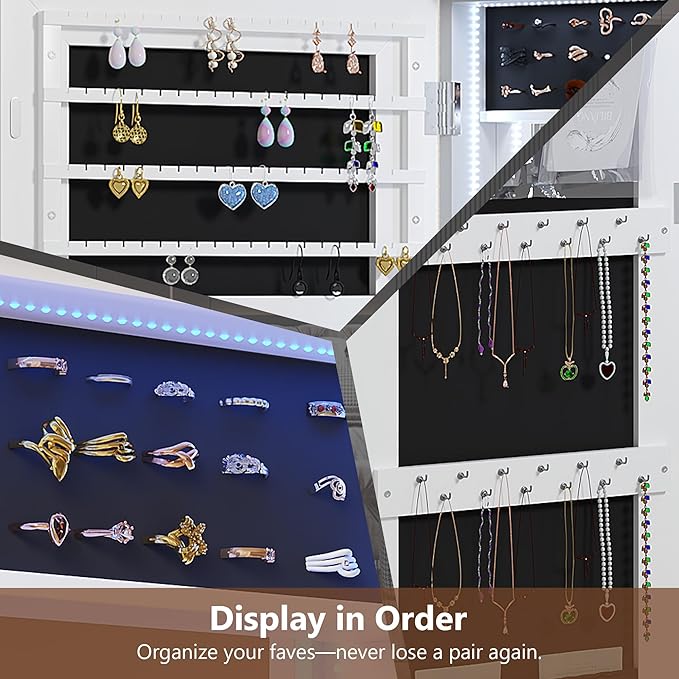 Over the Door Jewelry Organizer, 12 Hollywood Bulbs Hanging Jewelry Armoire with Full Length Mirror, 43.5" Lockable Large Storage Jewelry Cabinet for Girls/Women, (Wood grain white)
