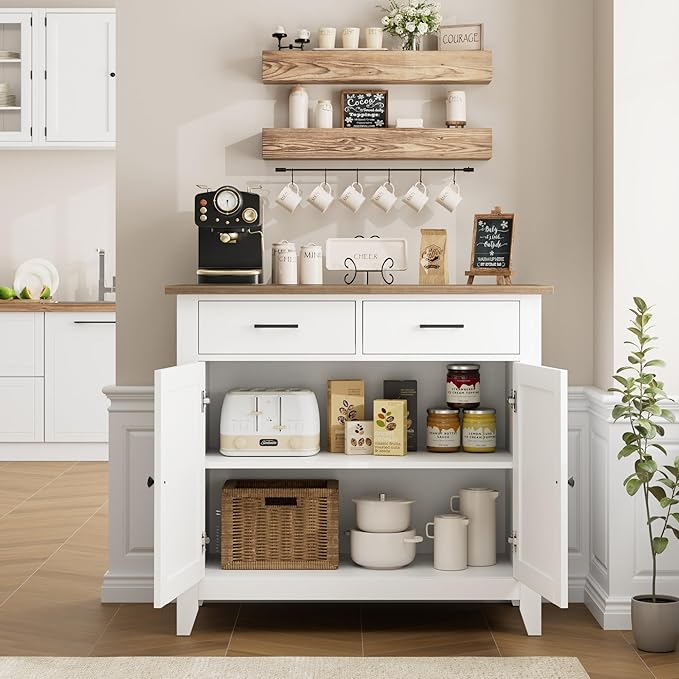 HORSTORS Kitchen Storage Cabinet, Modern Farmhouse Buffet Cabinet with Storage, Coffee Bar with 2 Drawers and 2 Doors, Floor Sideboard Buffet for Living Room, Dining Room, Bathroom, Ivory White