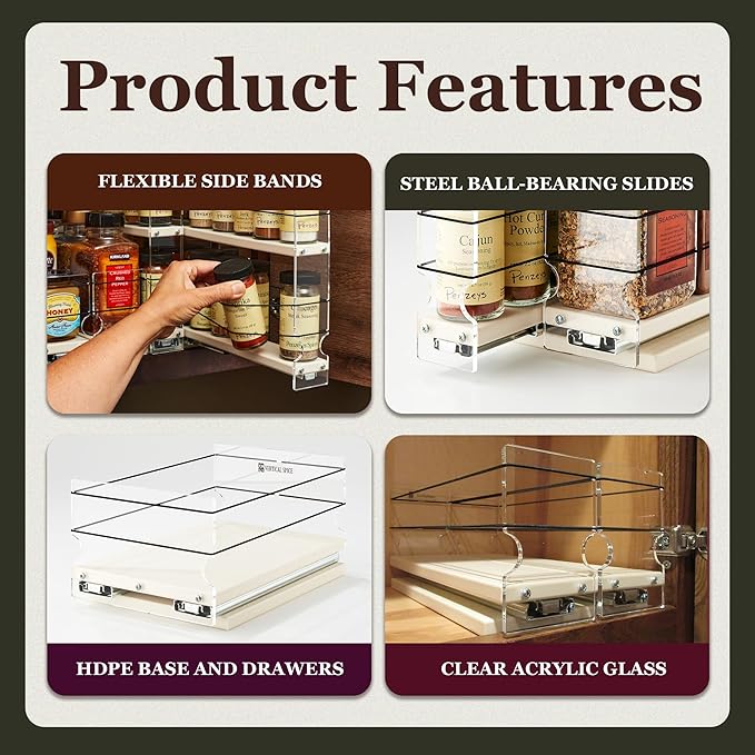 Vertical Spice - Narrow Pullout Spice Rack - Sliding Drawer for Kitchen Organization - Pantry Organizers and Storage - 2 Drawers - 10 Spice Jar Capacity (4.6" W x 5.0" H x 10.6" D, Cream)
