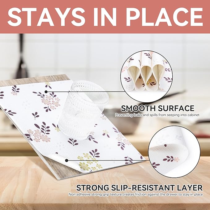 RAY STAR Shelf Liner, 12 Inch x 10 Feet Non Adhesive Blush Petals Floral Kitchen Cabinet Liner for Pantry Drawer Vanity, Strong Grip Non Slip Waterproof, Shelf Liners for Cupboard