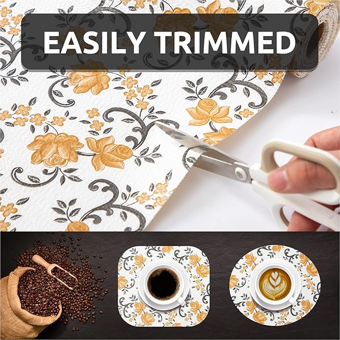 FIFTY FEET 12X120 Inch Shelf Liner for Kitchen Cabinets, PVC Drawer Liner for Dresser Non-Slip Bathroom, Non-Adhesive Cabinet Liner Washable (Yellow Floral)(10 Roll)